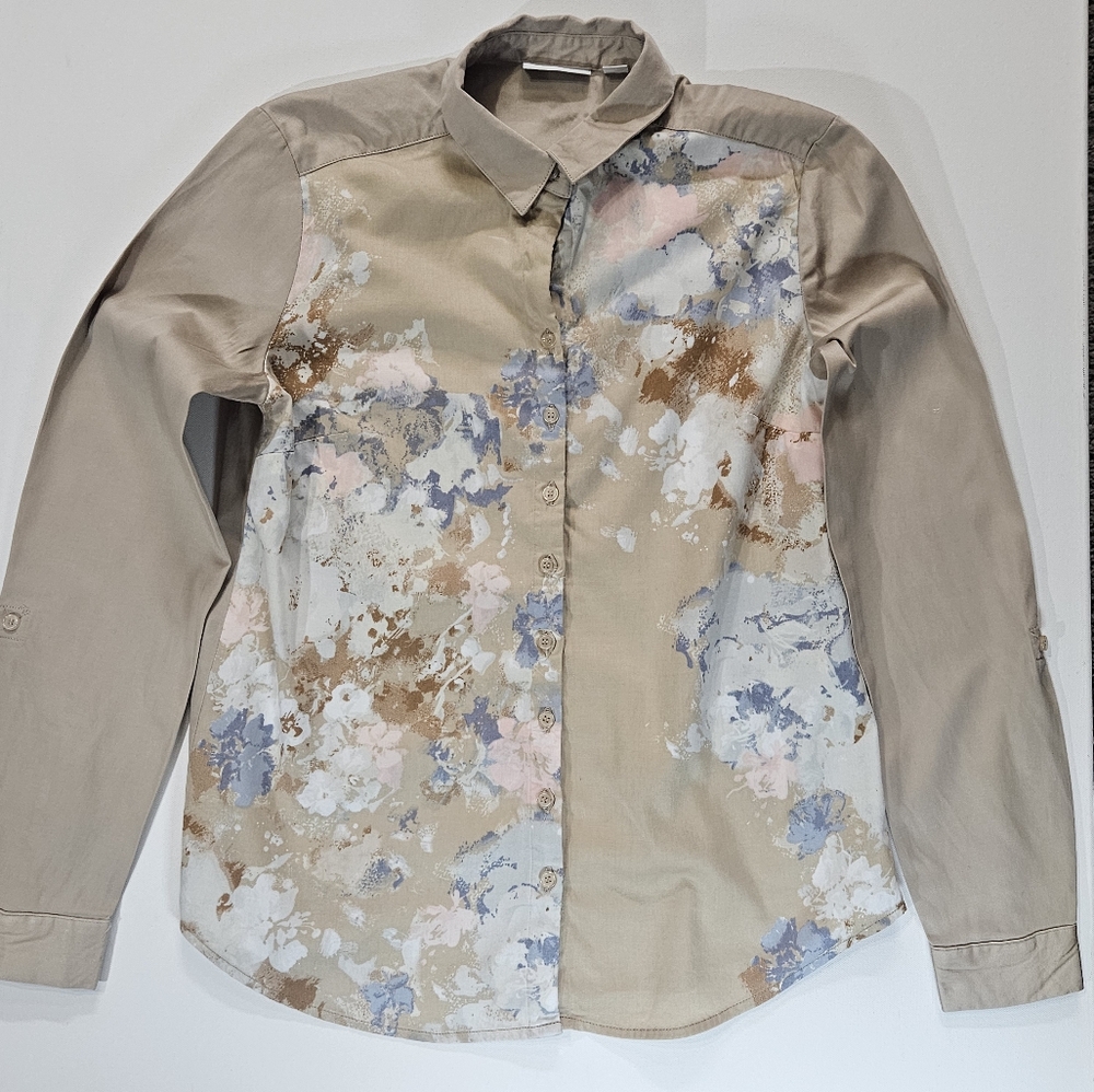 New York & Company‎ Top Womens Small Button Down Beige Pastel Floral Art To Wear